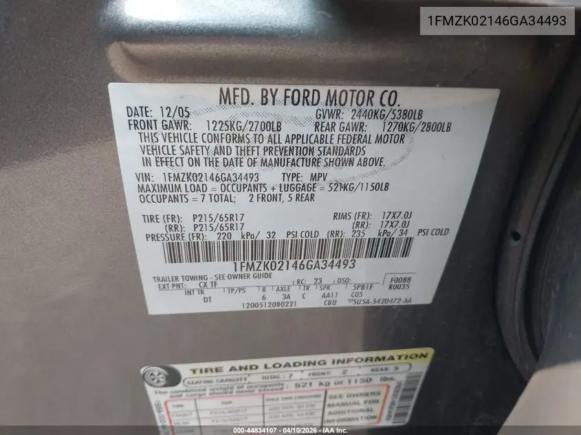 2006 Ford Freestyle Sel VIN: 1FMZK02146GA34493 Lot: 44834107