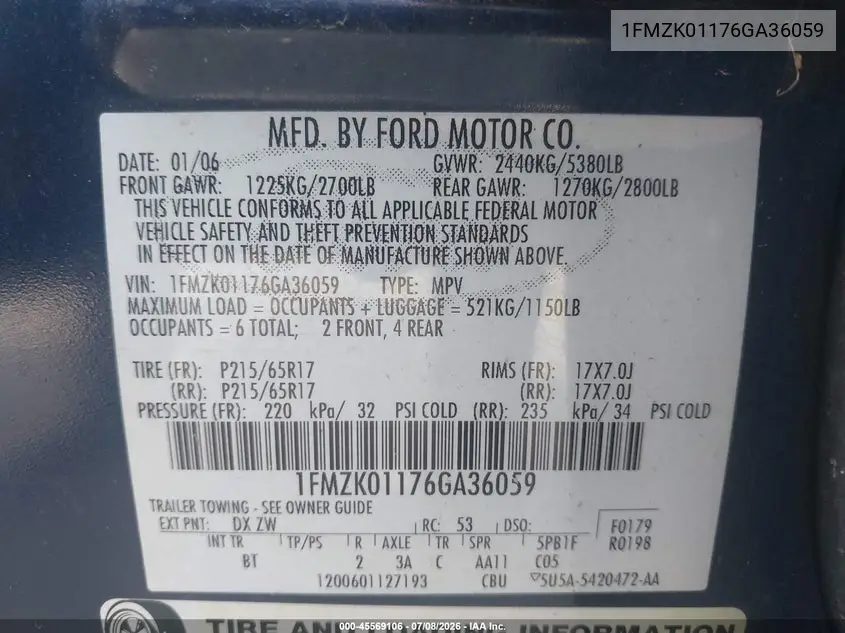 2006 Ford Freestyle Se VIN: 1FMZK01176GA36059 Lot: 45569106