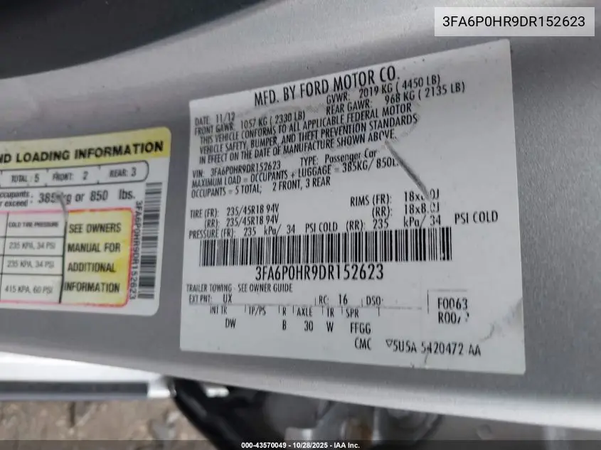 3FA6P0HR9DR152623 2013 Ford Fusion Se