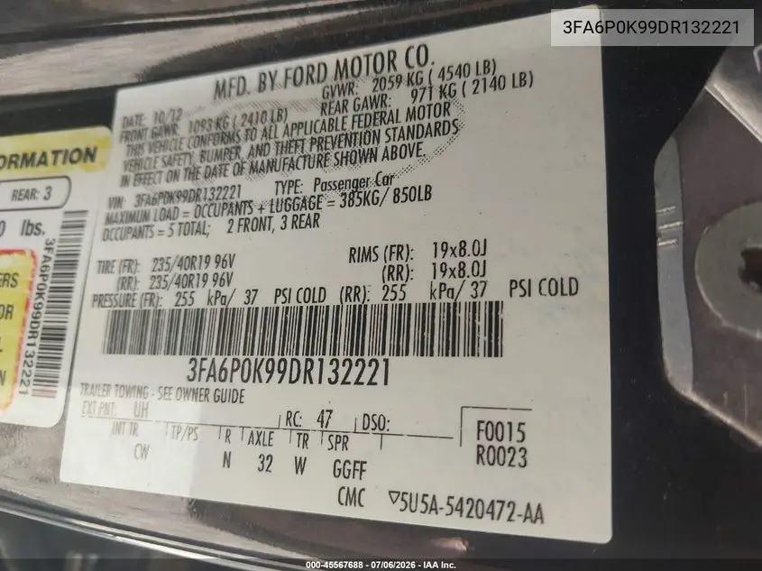 2013 Ford Fusion Titanium VIN: 3FA6P0K99DR132221 Lot: 45567688
