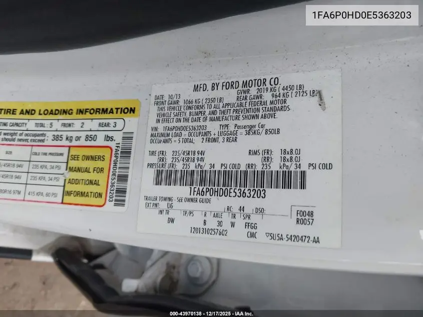 1FA6P0HD0E5363203 2014 Ford Fusion Se