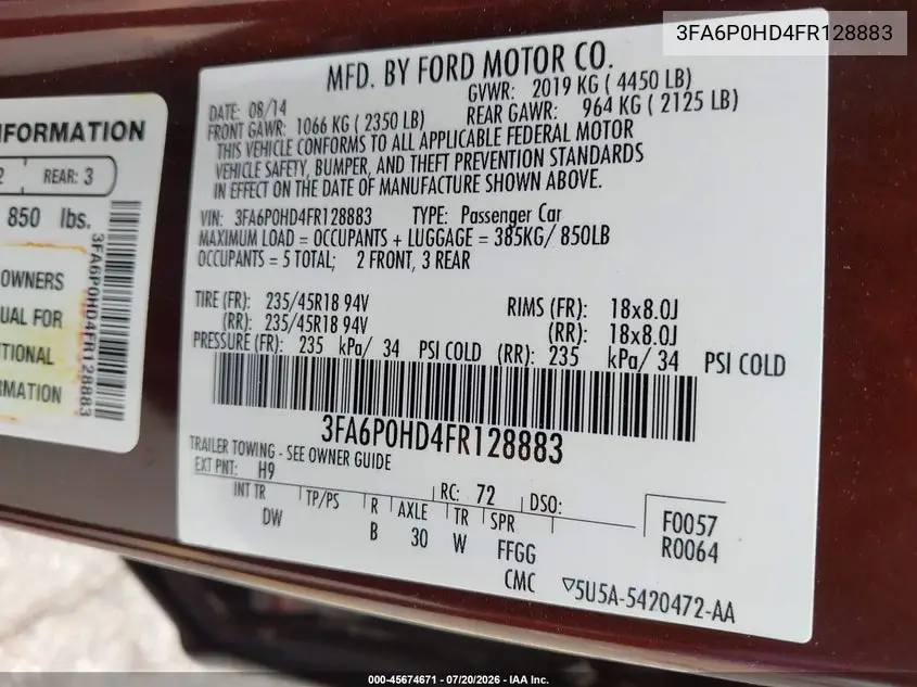 2015 Ford Fusion Se VIN: 3FA6P0HD4FR128883 Lot: 45674671