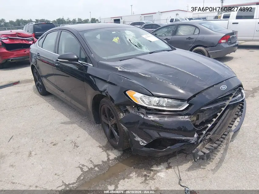 2016 Ford Fusion Se VIN: 3FA6P0H76GR274892 Lot: 45408376