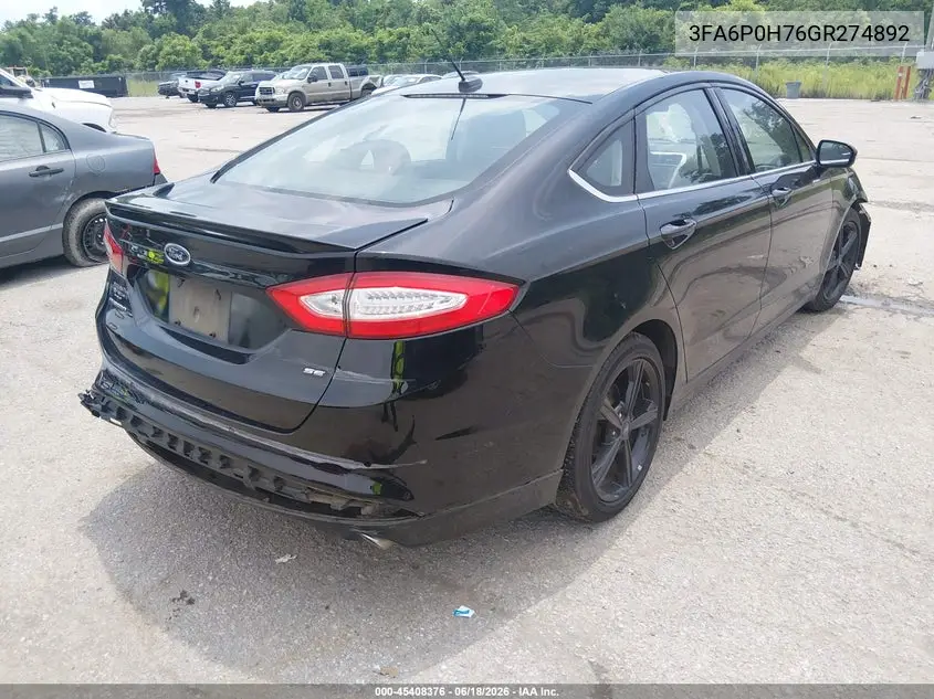 2016 Ford Fusion Se VIN: 3FA6P0H76GR274892 Lot: 45408376