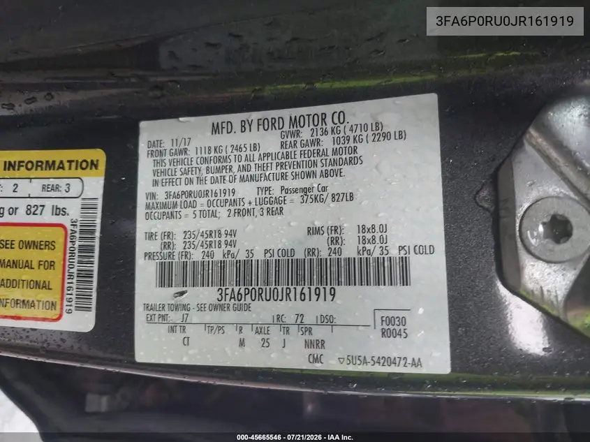 2018 Ford Fusion Hybrid Titanium VIN: 3FA6P0RU0JR161919 Lot: 45665546