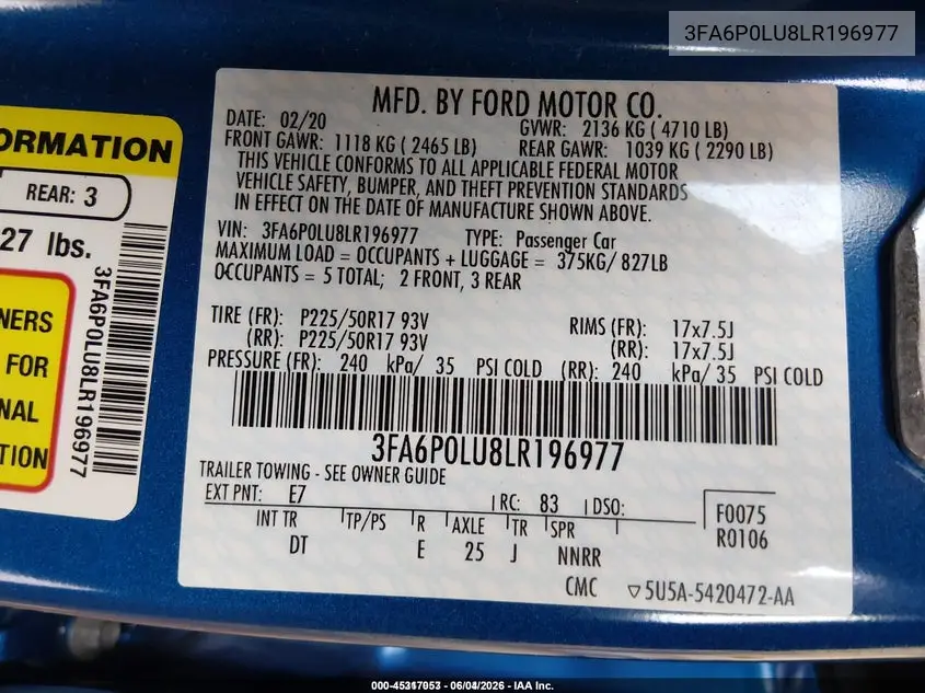 2020 Ford Fusion Hybrid Se VIN: 3FA6P0LU8LR196977 Lot: 45317053