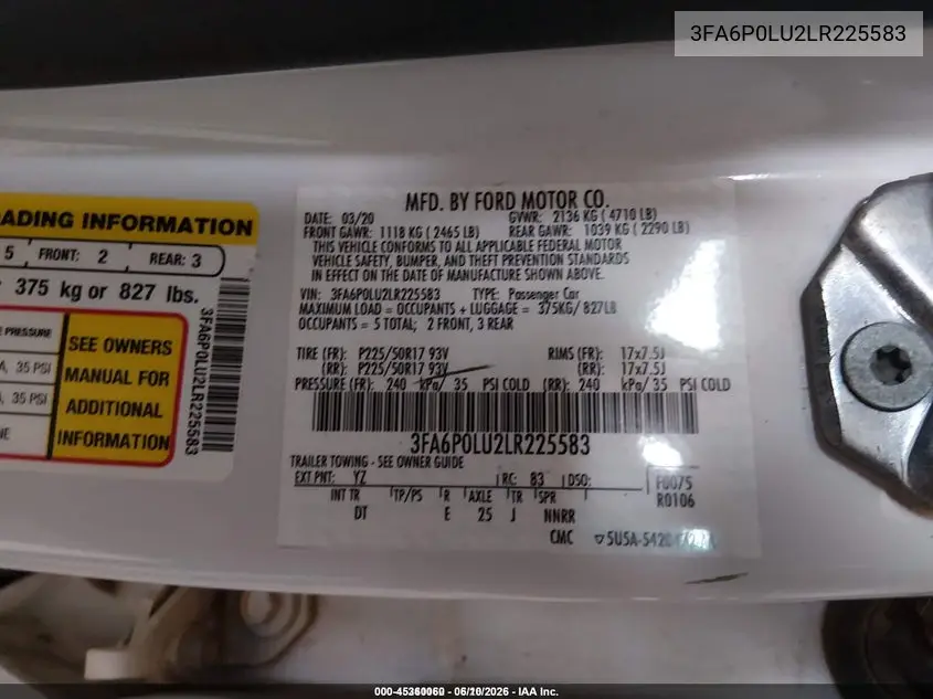 2020 Ford Fusion Hybrid Se VIN: 3FA6P0LU2LR225583 Lot: 45360060