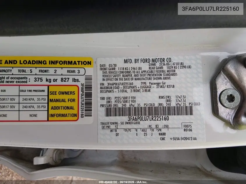 2020 Ford Fusion Hybrid Se VIN: 3FA6P0LU7LR225160 Lot: 45408190