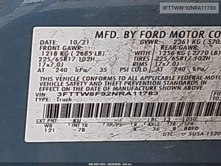 2022 Ford Maverick Xlt VIN: 3FTTW8F92NRA11783 Lot: 45511534