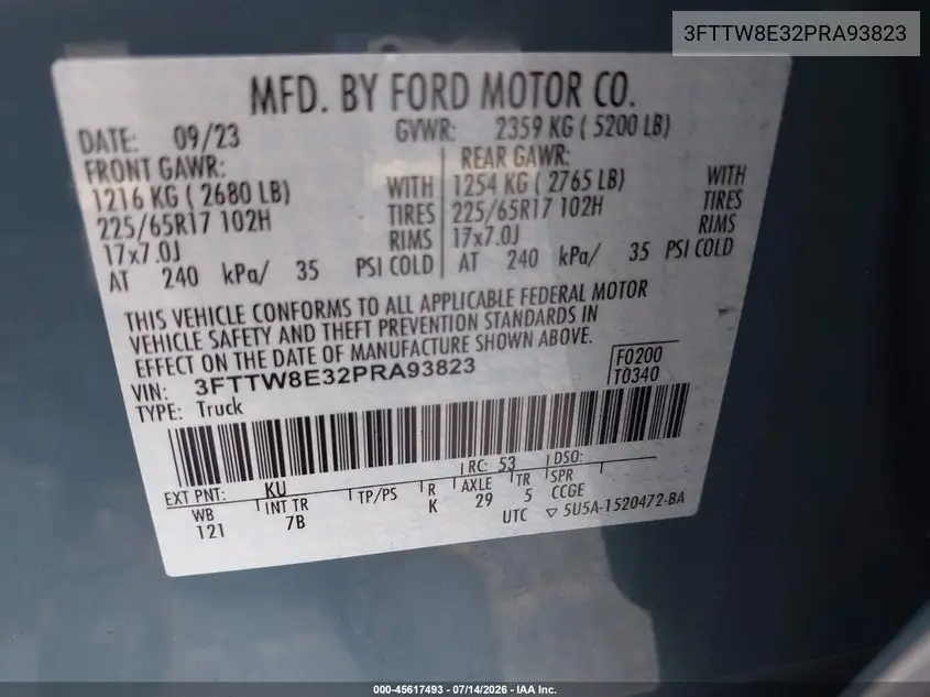 2023 Ford Maverick Xlt VIN: 3FTTW8E32PRA93823 Lot: 45617493