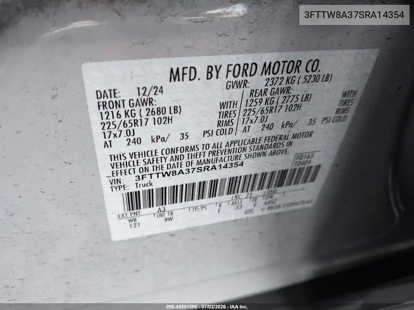 2025 Ford Maverick Xl VIN: 3FTTW8A37SRA14354 Lot: 45501200