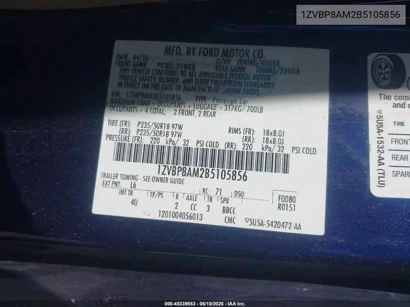 2011 Ford Mustang V6 Premium VIN: 1ZVBP8AM2B5105856 Lot: 45339553