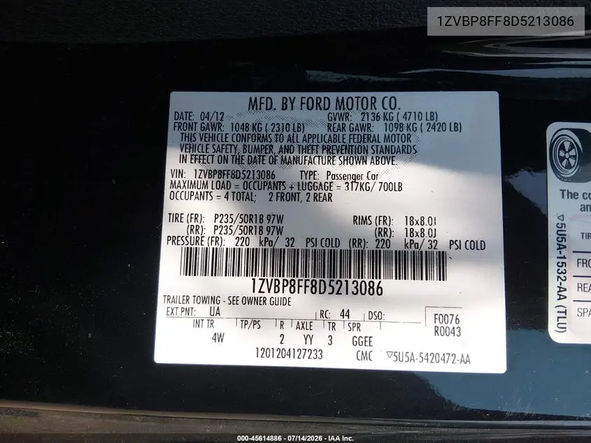 2013 Ford Mustang Gt Premium VIN: 1ZVBP8FF8D5213086 Lot: 45614886