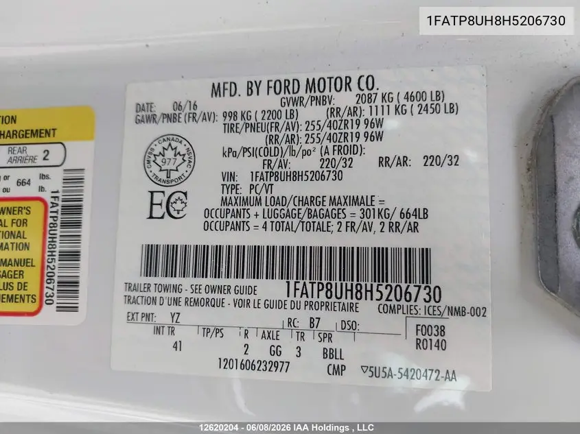 2017 Ford Mustang VIN: 1FATP8UH8H5206730 Lot: 12620204