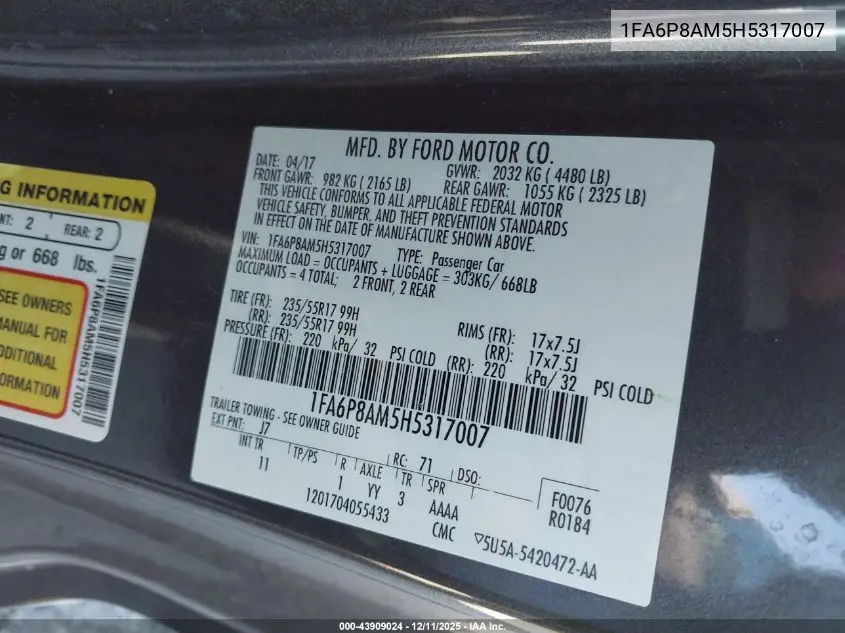 1FA6P8AM5H5317007 2017 Ford Mustang V6