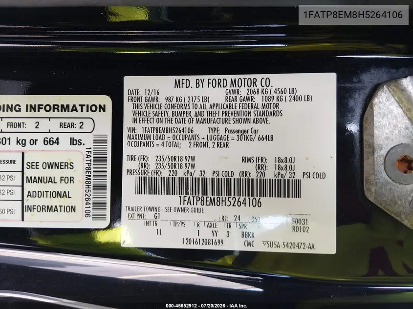 2017 Ford Mustang V6 VIN: 1FATP8EM8H5264106 Lot: 45652912