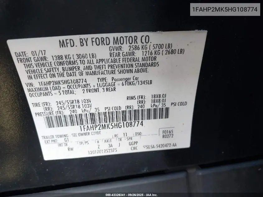 2017 Ford Police Interceptor VIN: 1FAHP2MK5HG108774 Lot: 43326341