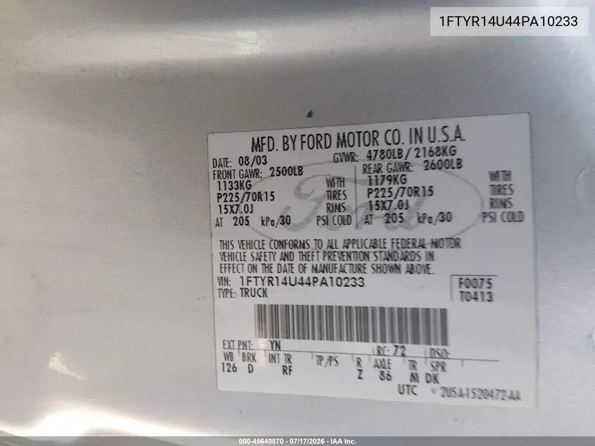 2004 Ford Ranger Edge/Tremor/Xl/Xlt VIN: 1FTYR14U44PA10233 Lot: 45640870