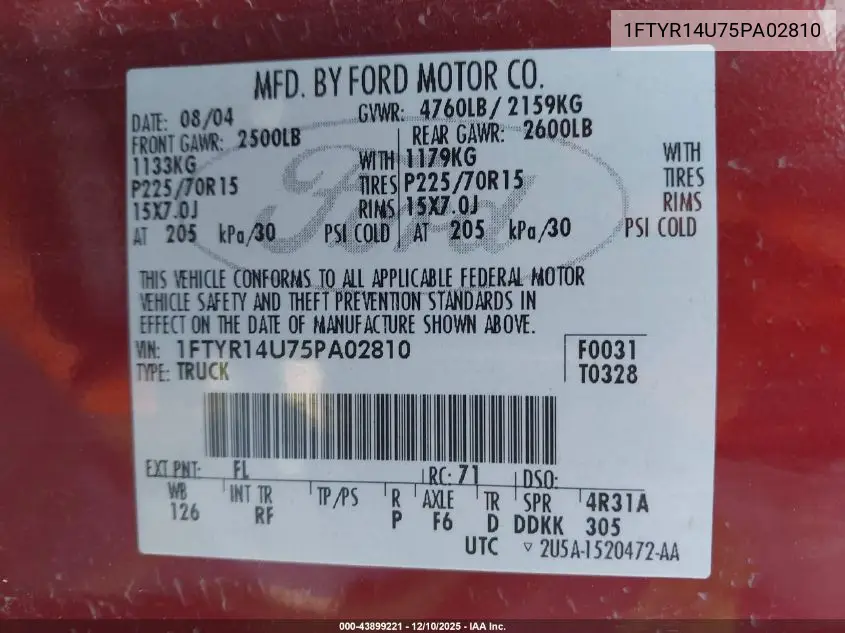 1FTYR14U75PA02810 2005 Ford Ranger Edge/Stx/Xl/Xlt