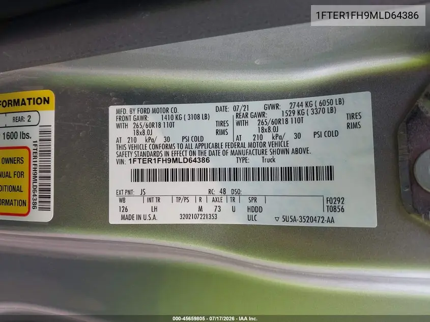 2021 Ford Ranger Xl VIN: 1FTER1FH9MLD64386 Lot: 45659805