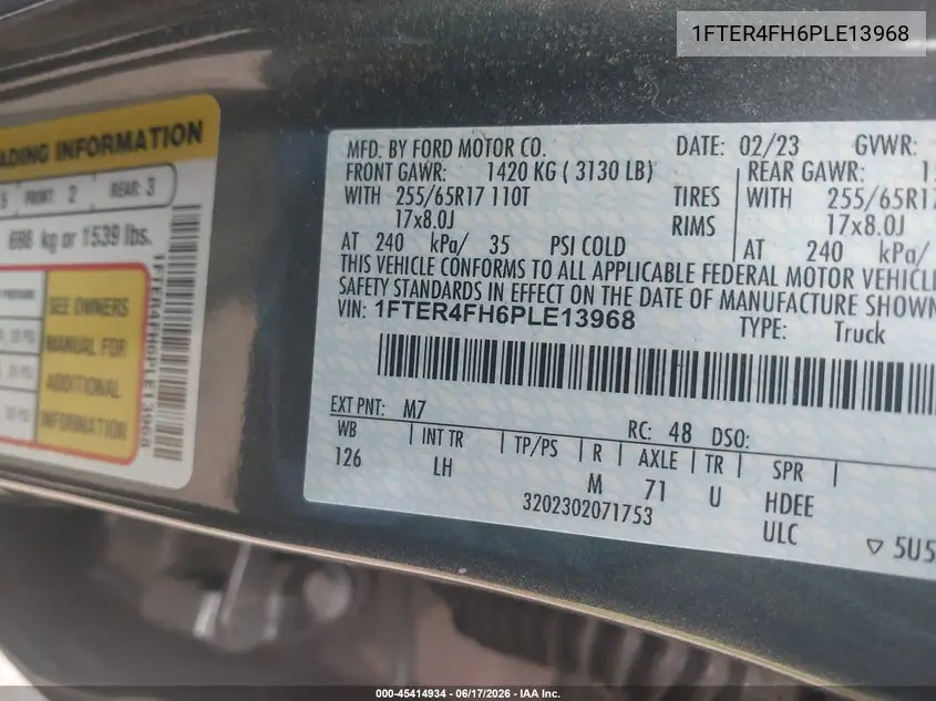 2023 Ford Ranger Xlt VIN: 1FTER4FH6PLE13968 Lot: 45414934