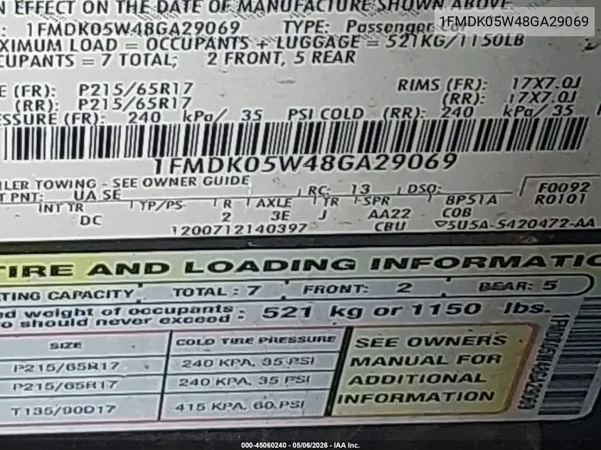 2008 Ford Taurus X Sel VIN: 1FMDK05W48GA29069 Lot: 45060240