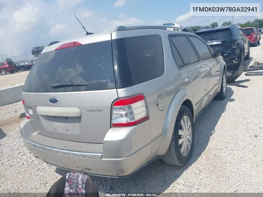 2008 Ford Taurus X Limited VIN: 1FMDK03W78GA32941 Lot: 45549798