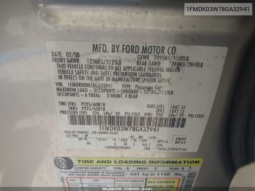 2008 Ford Taurus X Limited VIN: 1FMDK03W78GA32941 Lot: 45549798
