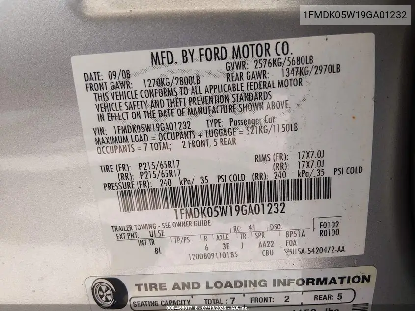 2009 Ford Taurus X Sel VIN: 1FMDK05W19GA01232 Lot: 45597718