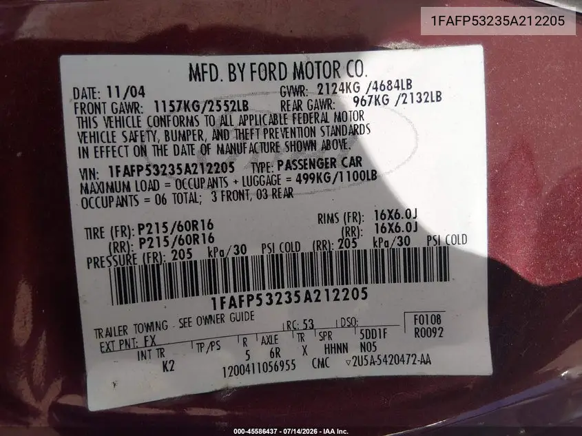 2005 Ford Taurus Se VIN: 1FAFP53235A212205 Lot: 45586437