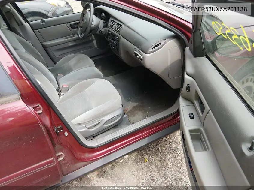 2006 Ford Taurus Se VIN: 1FAFP53UX6A201138 Lot: 45663550