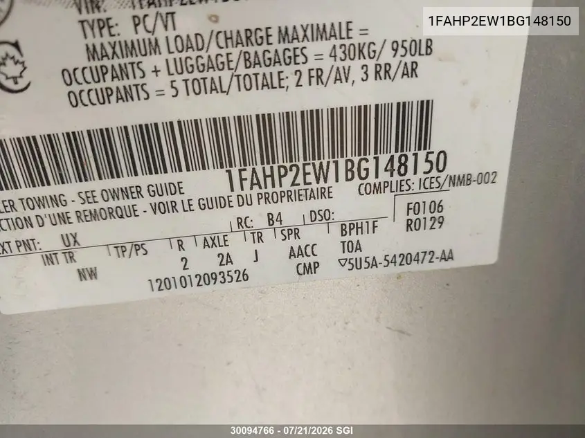 2011 Ford Taurus Sel VIN: 1FAHP2EW1BG148150 Lot: 30094766