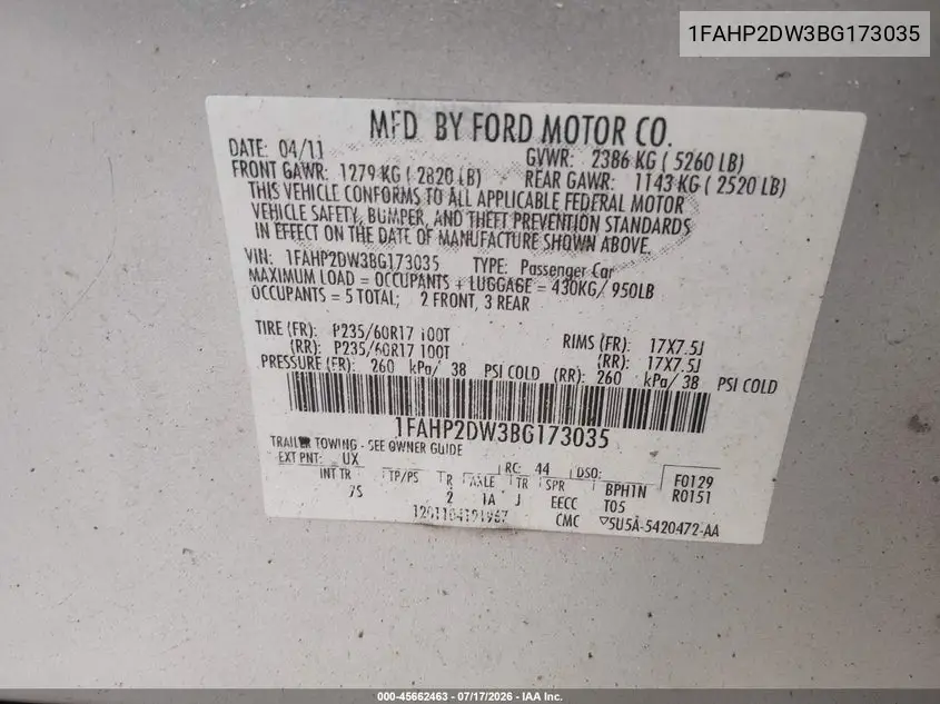 2011 Ford Taurus Se VIN: 1FAHP2DW3BG173035 Lot: 45662463