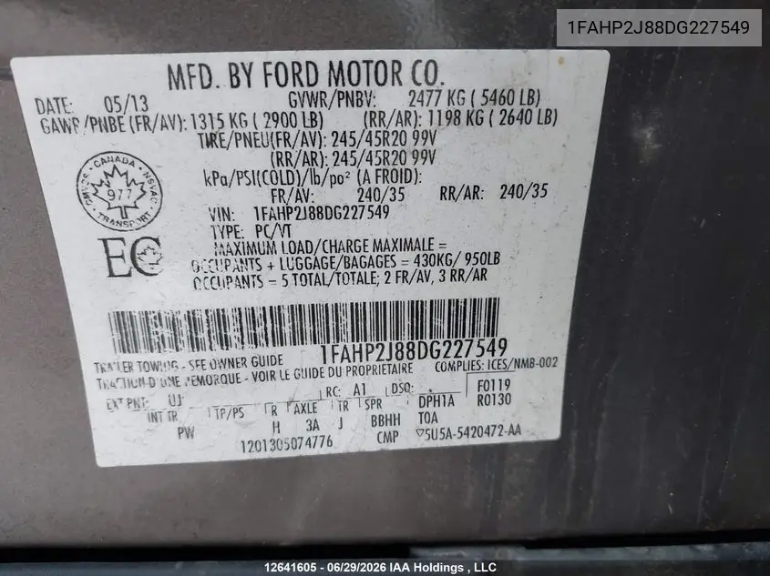2013 Ford Taurus Limited VIN: 1FAHP2J88DG227549 Lot: 12641605x