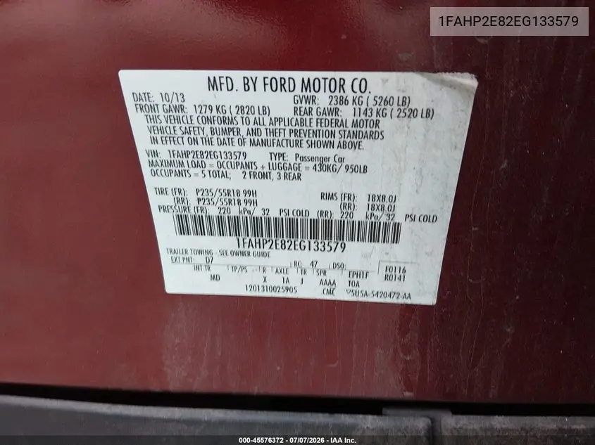 2014 Ford Taurus Sel VIN: 1FAHP2E82EG133579 Lot: 45576372