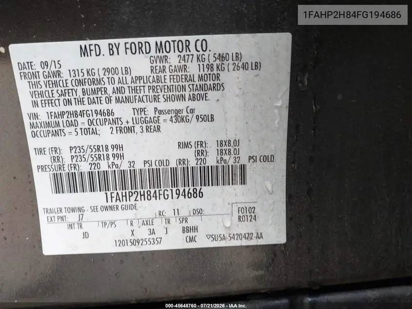 2015 Ford Taurus Sel VIN: 1FAHP2H84FG194686 Lot: 45648760