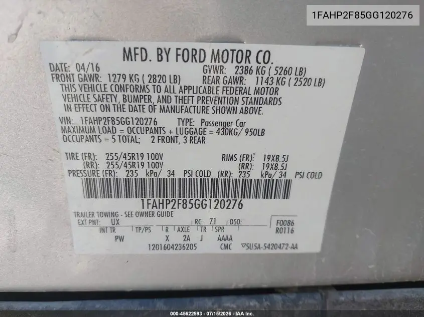 2016 Ford Taurus Limited VIN: 1FAHP2F85GG120276 Lot: 45622593