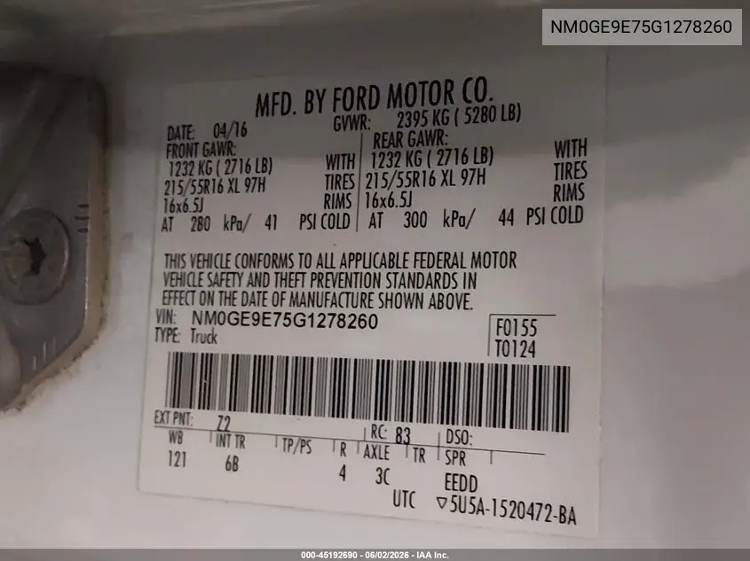 2016 Ford Transit Connect Xl VIN: NM0GE9E75G1278260 Lot: 45192690