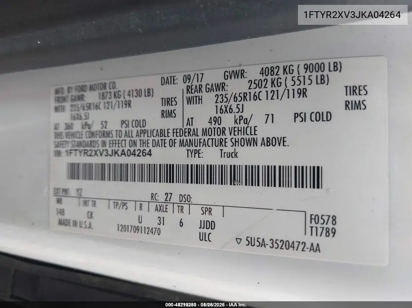 1FTYR2XV3JKA04264 2018 Ford Transit-250