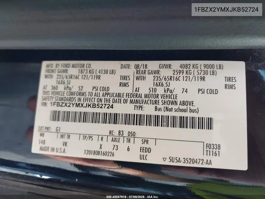 2018 Ford Transit-350 Xl VIN: 1FBZX2YMXJKB52724 Lot: 45587919