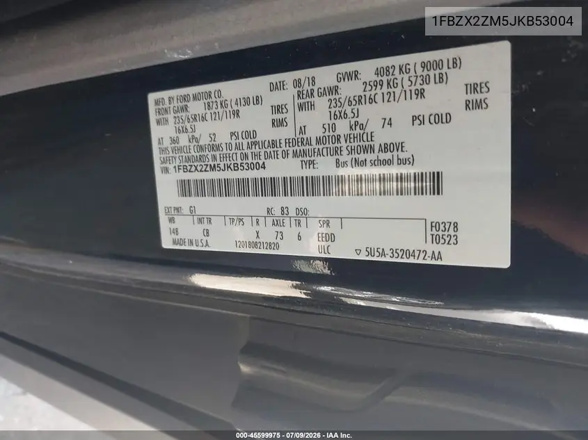 2018 Ford Transit-350 Xl VIN: 1FBZX2ZM5JKB53004 Lot: 45599975