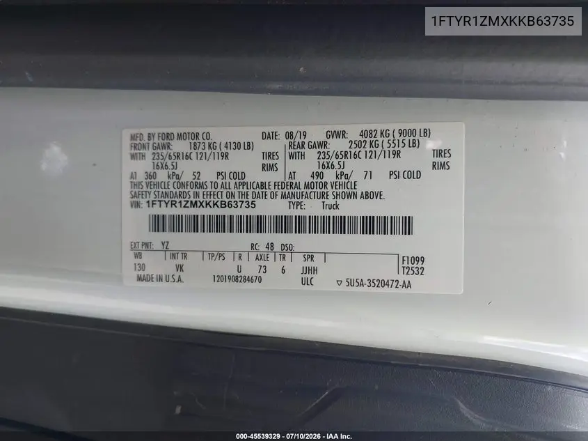 2019 Ford Transit-250 VIN: 1FTYR1ZMXKKB63735 Lot: 45539329