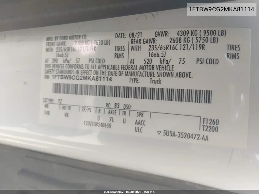 2021 Ford Transit-350 VIN: 1FTBW9CG2MKA81114 Lot: 45526942