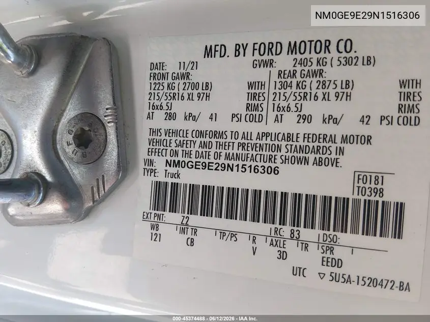 2022 Ford Transit Connect VIN: NM0GE9E29N1516306 Lot: 45374488