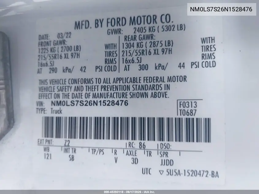 2022 Ford Transit Connect Xl VIN: NM0LS7S26N1528476 Lot: 45393118