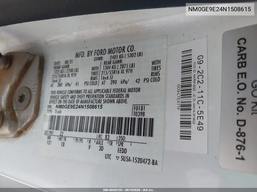 2022 Ford Transit Connect Xl Passenger VIN: NM0GE9E24N1508615 Lot: 45433153
