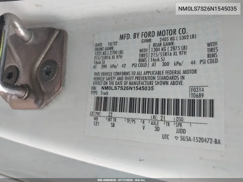 2022 Ford Transit Connect Xl VIN: NM0LS7S26N1545035 Lot: 45564939