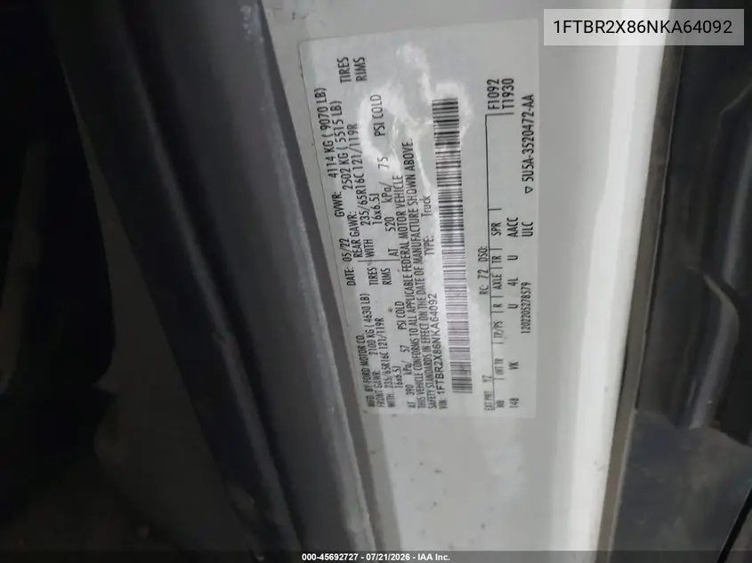2022 Ford Transit-250 VIN: 1FTBR2X86NKA64092 Lot: 45692727