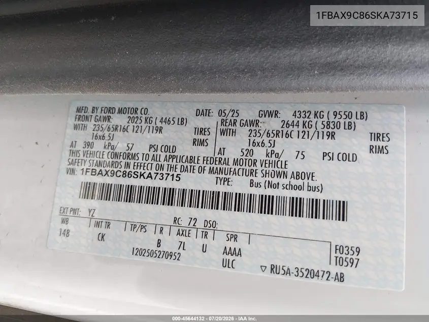2025 Ford Transit-350 Passenger Van Xlt VIN: 1FBAX9C86SKA73715 Lot: 45644132