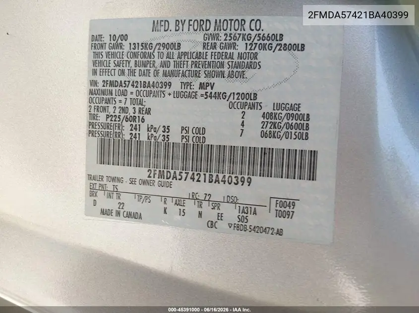2001 Ford Windstar Se Sport VIN: 2FMDA57421BA40399 Lot: 45391000
